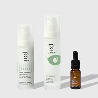 Three skincare products from the brand 'pai' on a light gray background